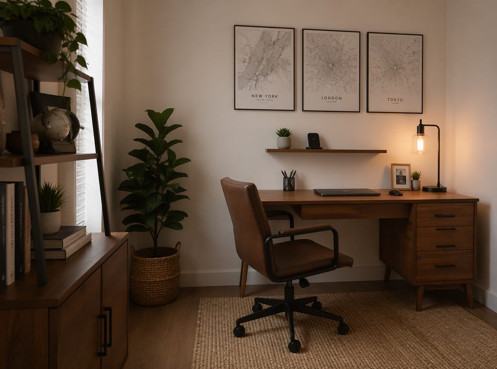 Row of city-map prints above corner desk