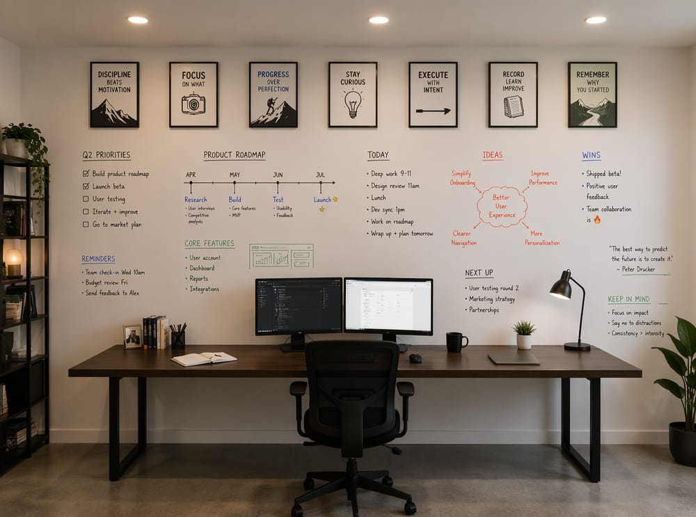 Full-width painted whiteboard wall above long desk