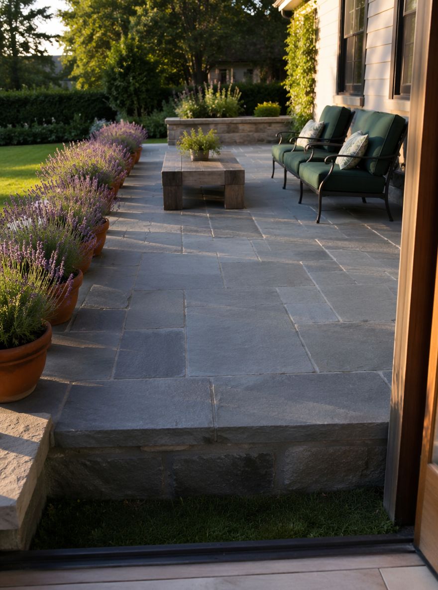 Pedana rialzata in bluestone con bordo di vasi di lavanda