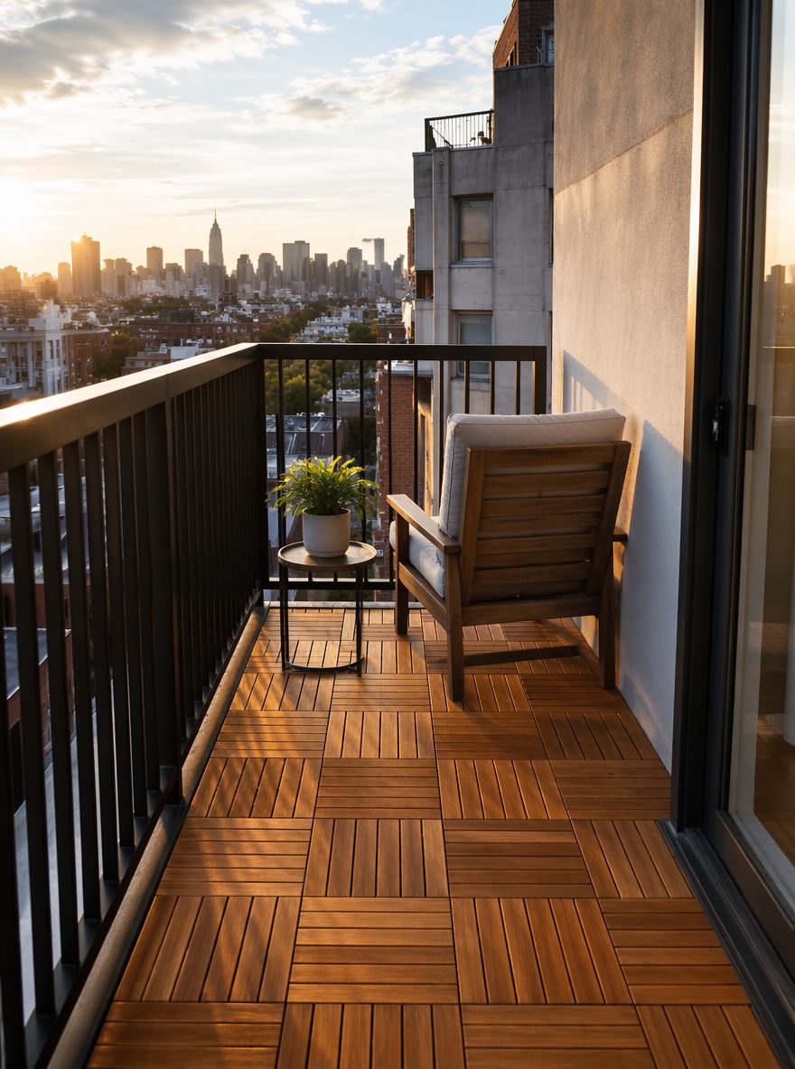 Piastrelle in teak su un balcone stretto