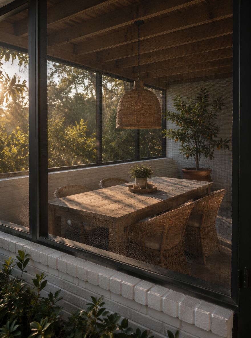 Mesa de comedor centrada bajo lámpara de ratán