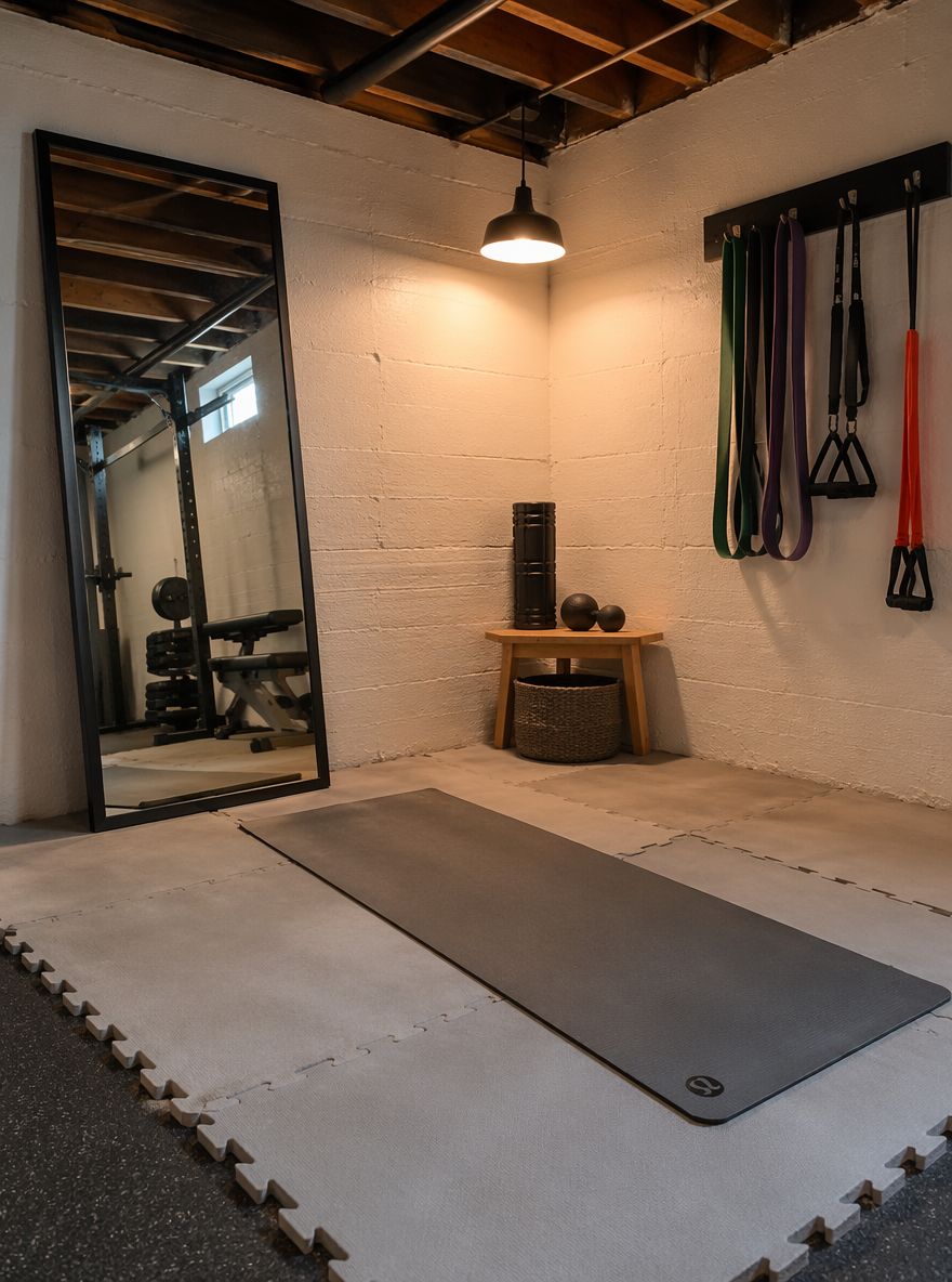 Angolo stretching con specchio appoggiato e piastrelle in gomma