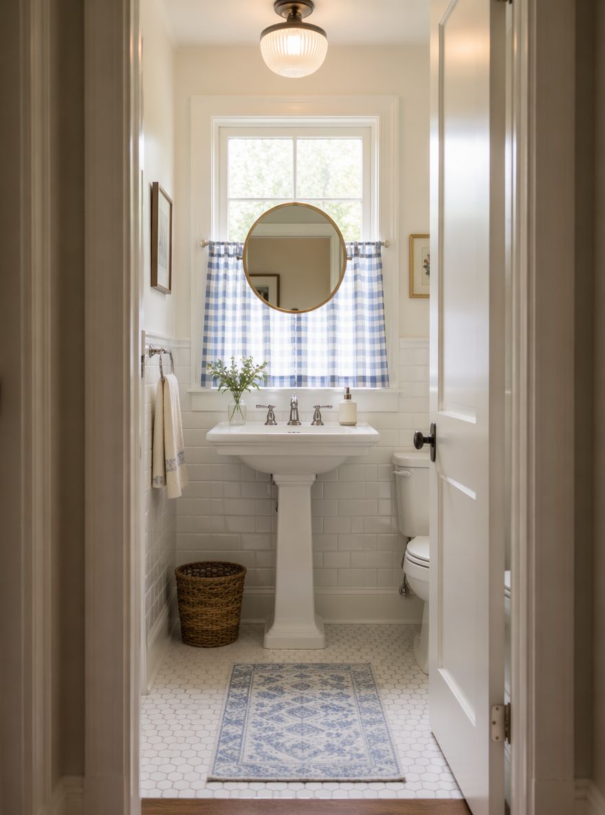 Cortina café de cuadros azul en la ventana de baño con lavabo de pedestal