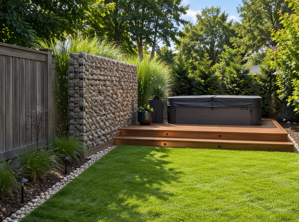 Muro in pietra gabbion come schermo privacy accanto al deck in teak
