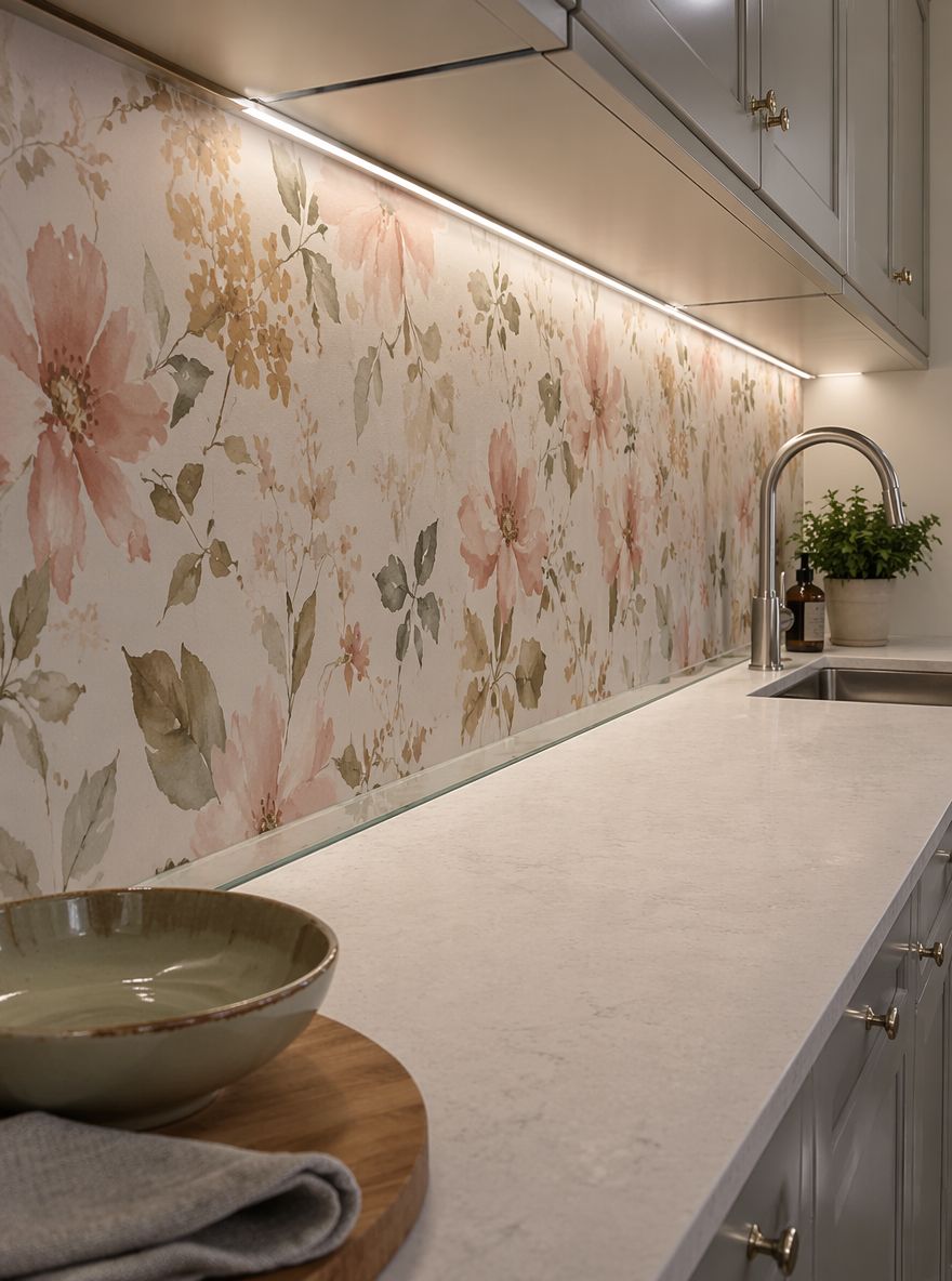 Papel pintado floral acuarelado usado como panel de salpicaduras