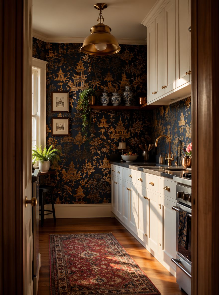 Papel pintado chinoiserie en dos paredes de una cocina shaker
