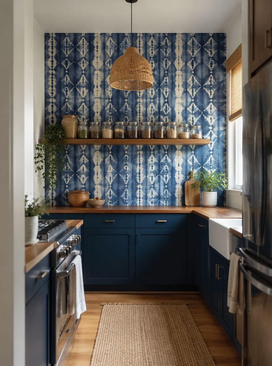 Papel pintado shibori tras una repisa flotante de cocina