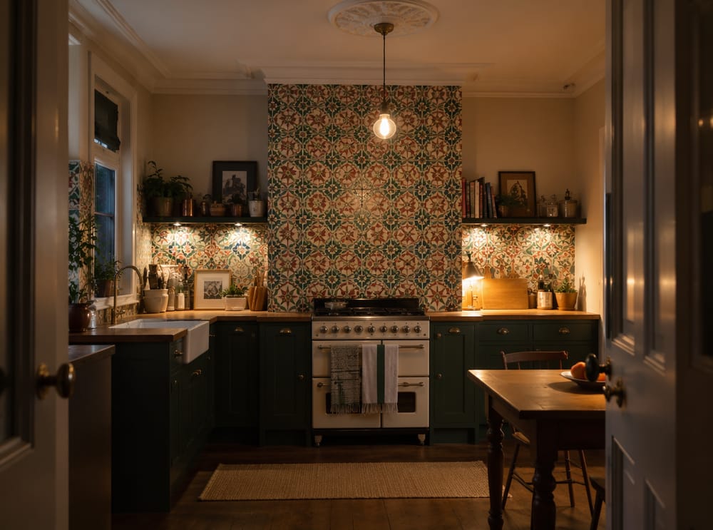 Papel pintado con diseño de azulejo clásico en la chimenea de la cocina