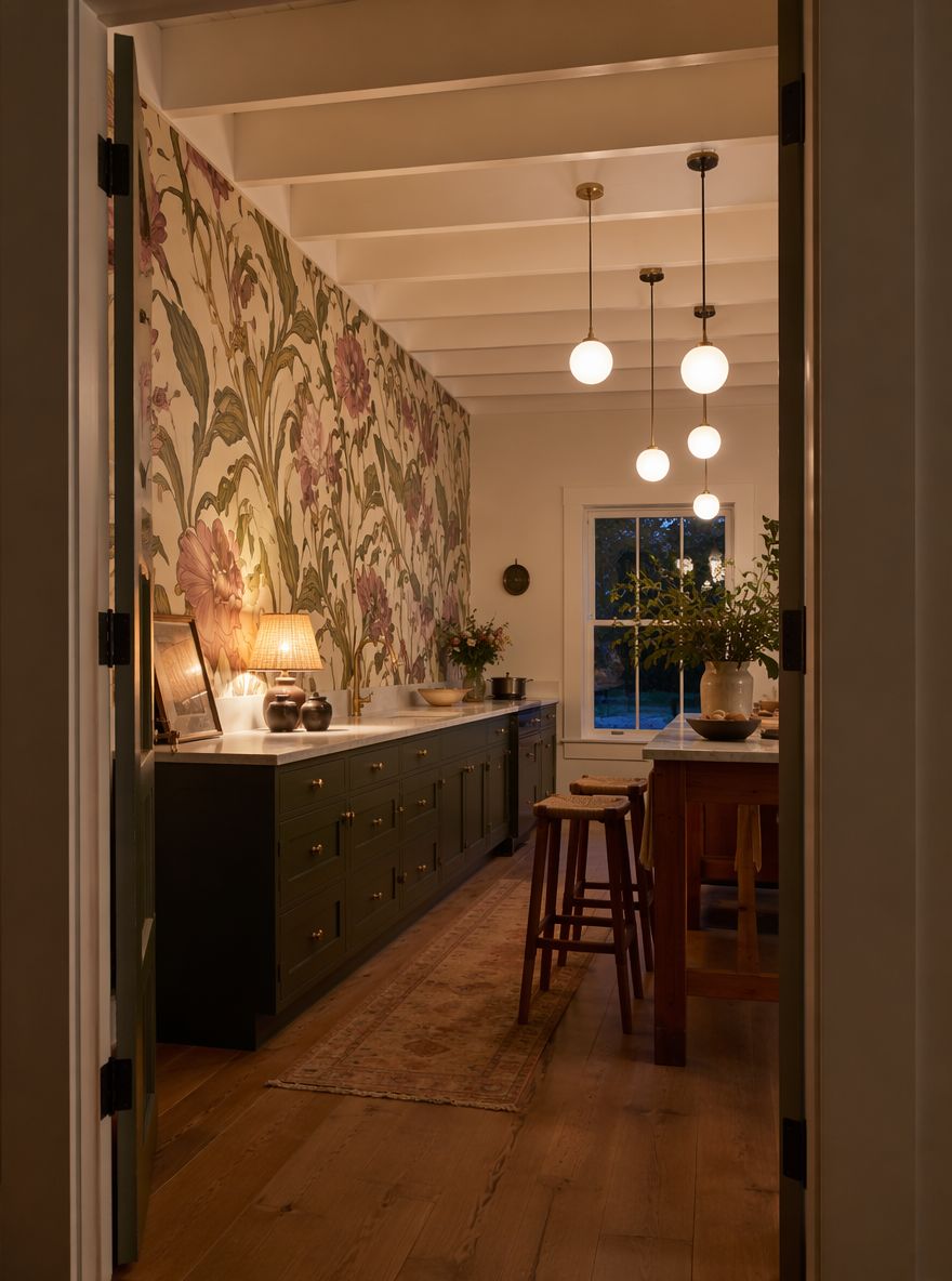Papel pintado floral art nouveau en la pared con muebles oscuros de cocina