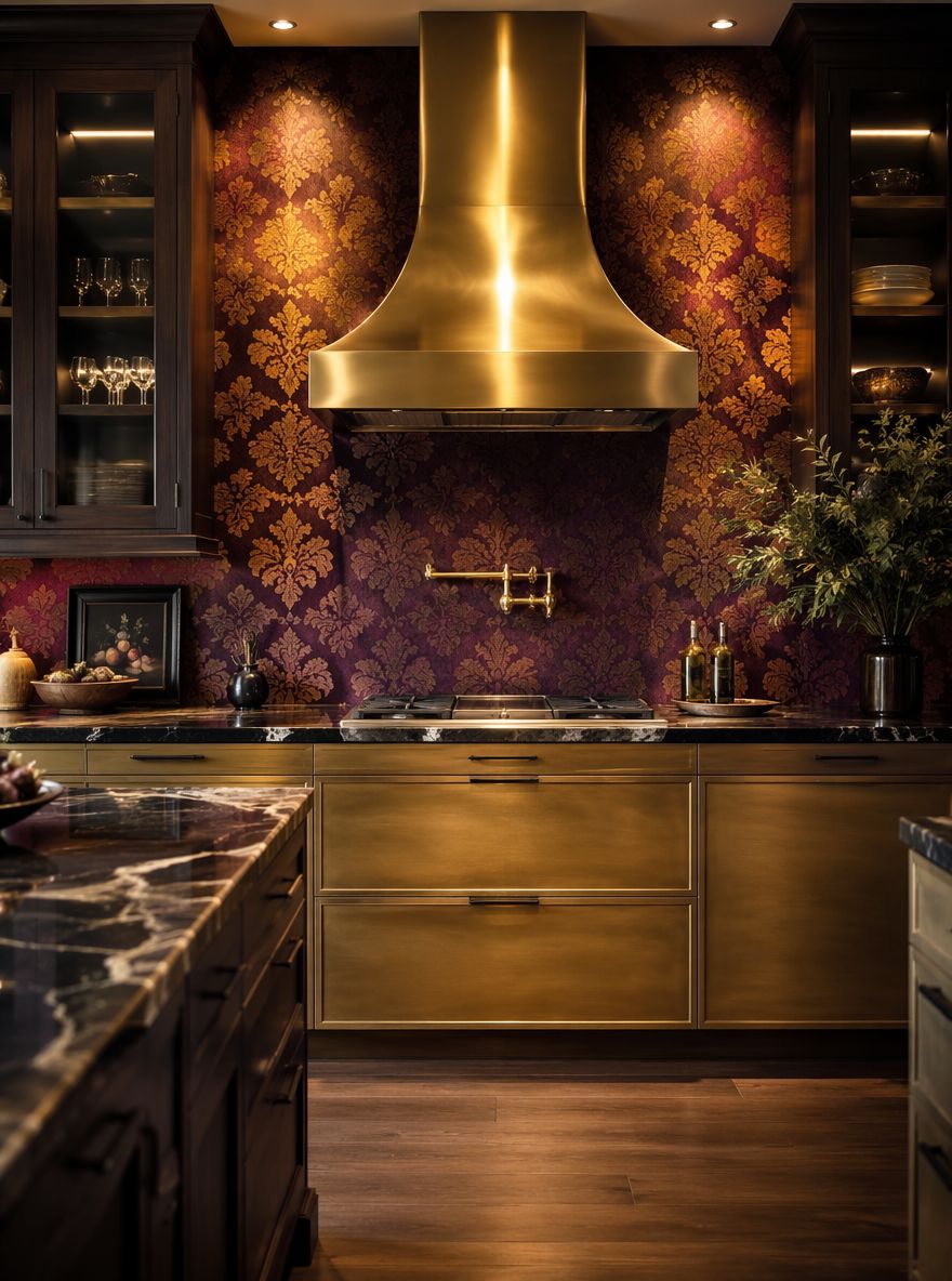 Papel pintado damasco enmarcado entre los muebles superiores de cocina