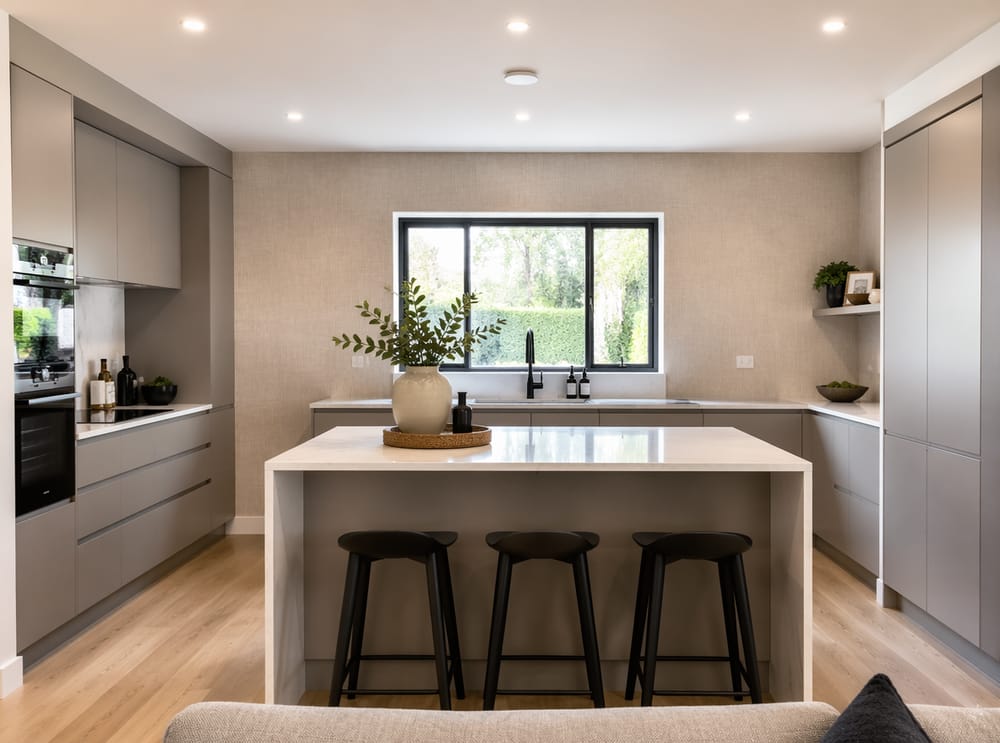 Papel pintado textura tejida en la pared de la ventana de una cocina contemporánea