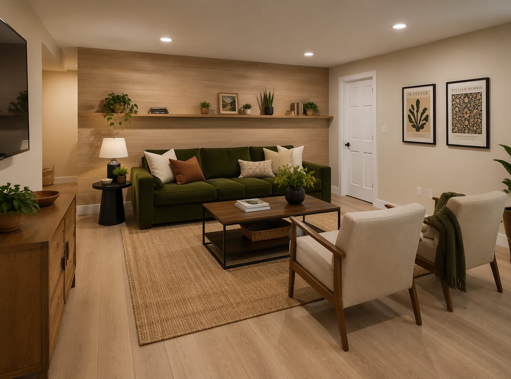 Shiplap de roble blanco con repisa flotante detrás de sofá oliva