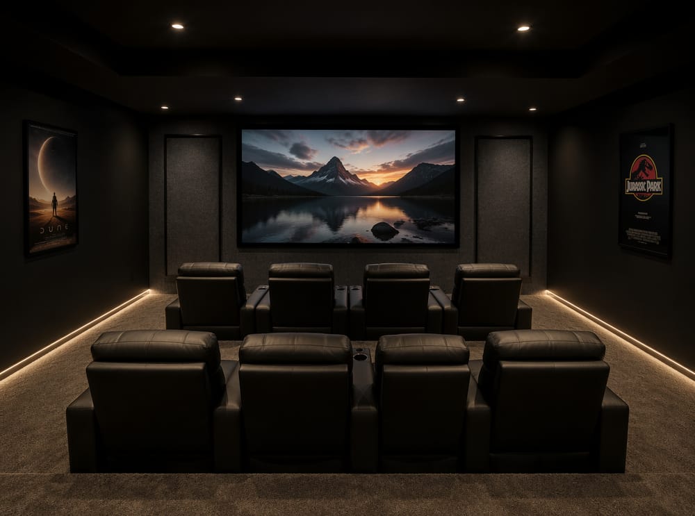 Paneles acústicos de tela enmarcando un cine en casa en sótano
