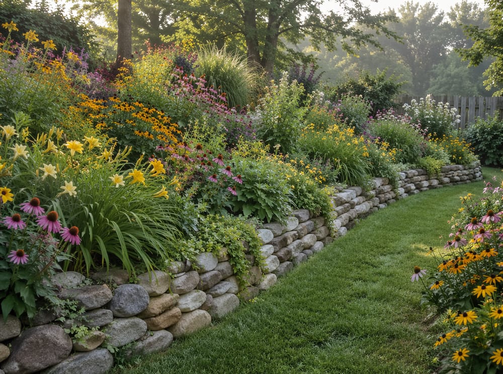 Muro in pietre di fiume con giardino cottage che trabocca