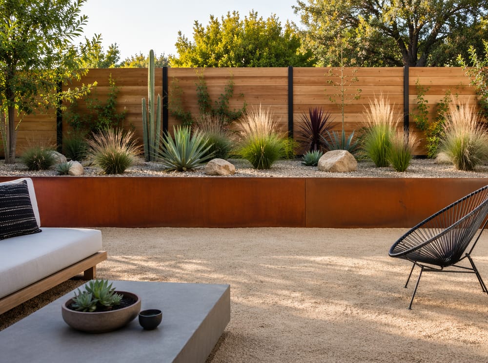 Muro in acciaio corten che delimita un terrazzamento con piante da clima arido