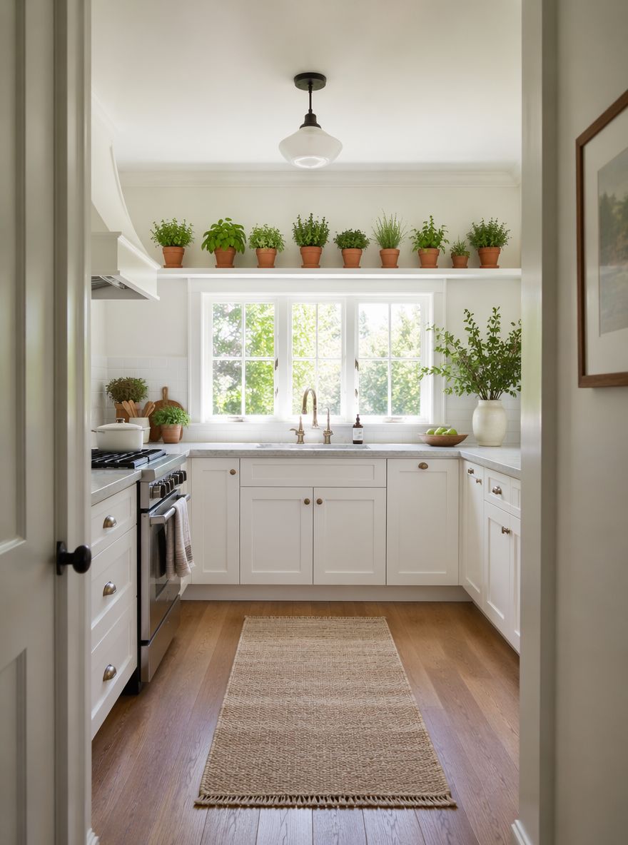 Estante con hierbas sobre ventana de cocina luminosa