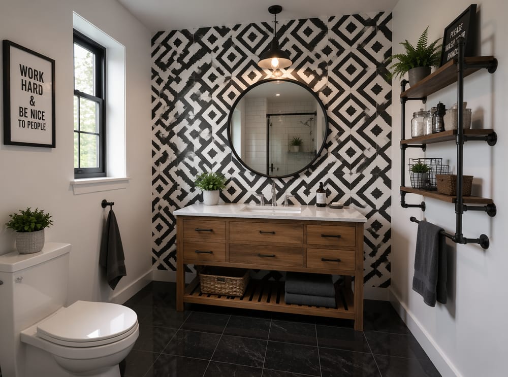 Cemento a rombi bianco e nero dietro mobile bagno in legno