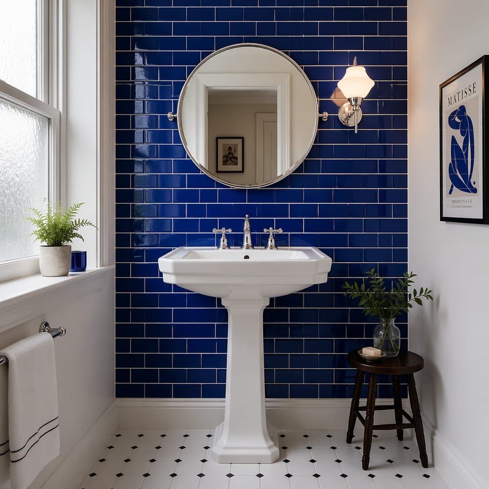 Subway blu cobalto smaltata dietro lavabo a colonna bianco