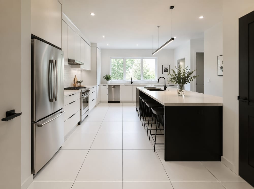 Piso porcelánico blanco con cuadrícula de boquilla negra