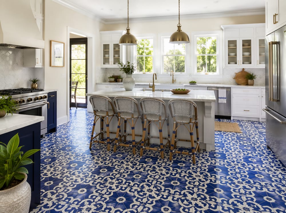 Azulejos marroquíes azules debajo de isla de mármol