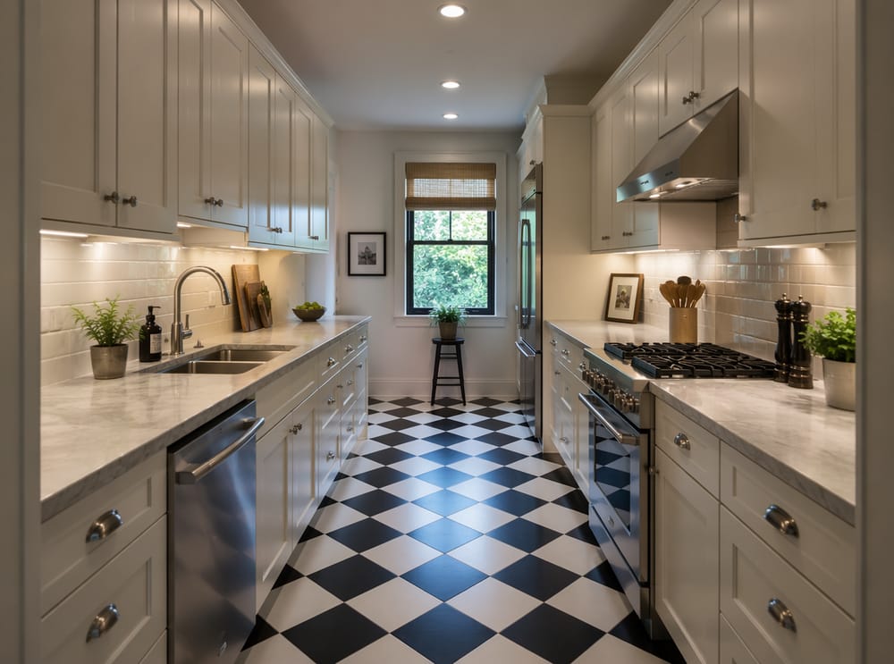 Azulejos ajedrezados blanco y negro en cocina tipo galera