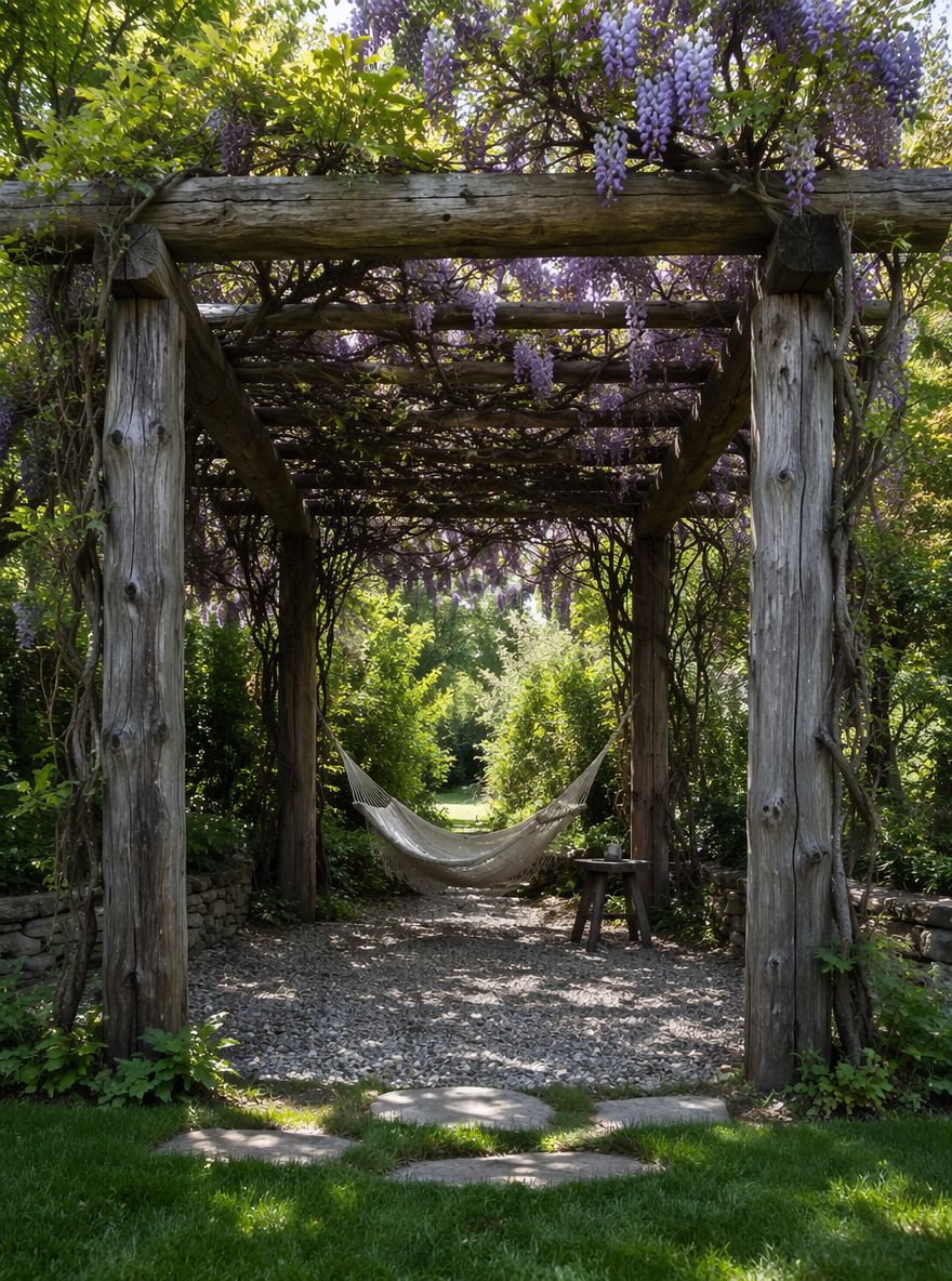 Robuuste pergola van boomstammen met blauwe regen en hangmat