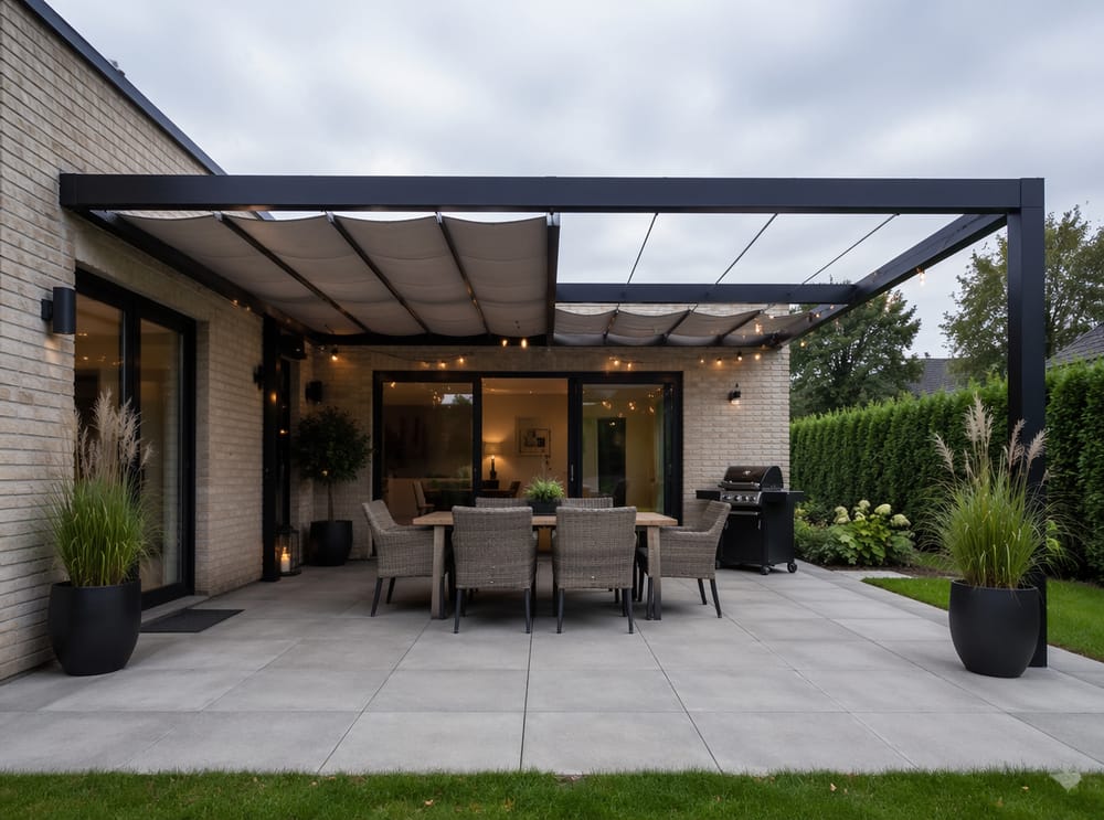 Stalen pergola met uitschuifbare schaduwpanelen