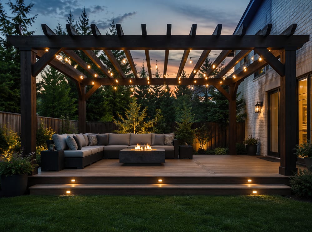 Donkere houten pergola boven verhoogd terras met vuurschaal