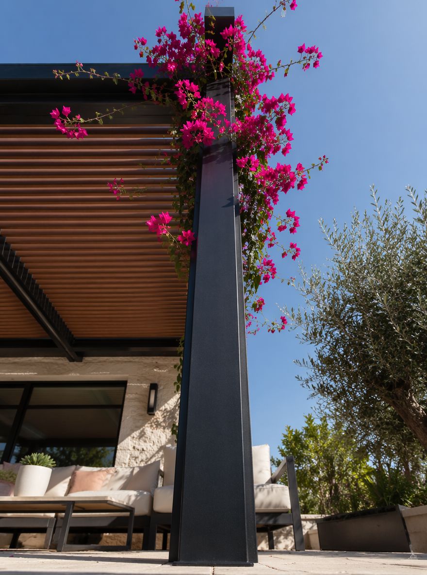 Bougainvillea klimt tegen matzwarte metalen paal