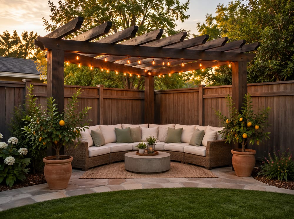 Hoekpergola met gebogen bank die precies past