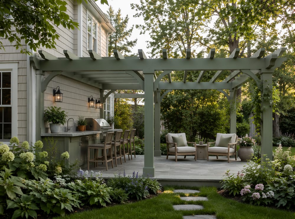 Saliegroene pergola met ingebouwd buitenaanrecht