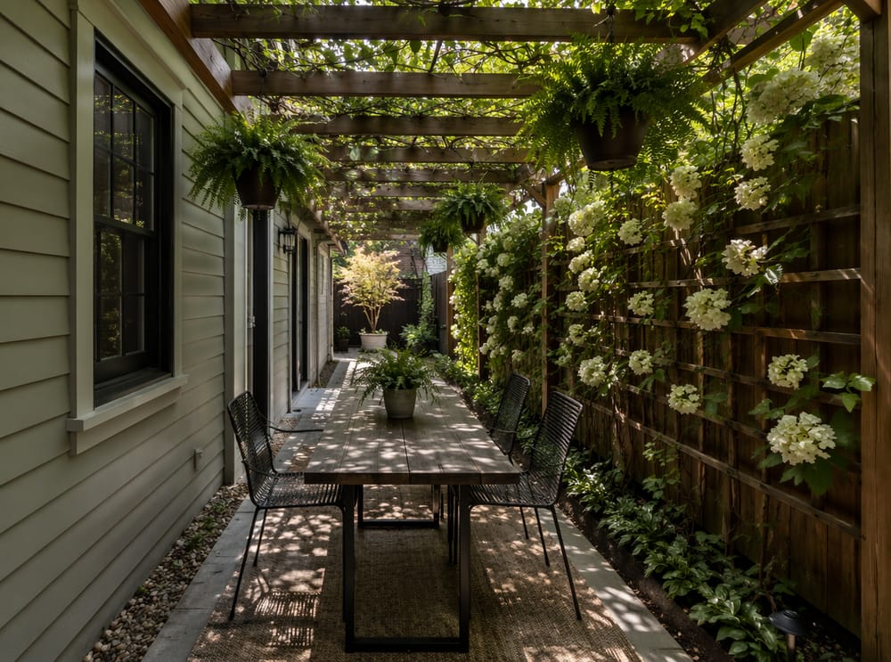 Smal zijtuinpergola met hangende varens