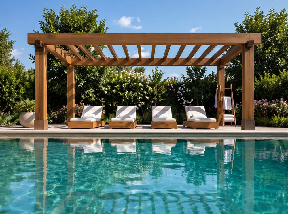 Open pergola naast zwembad met ligbedden