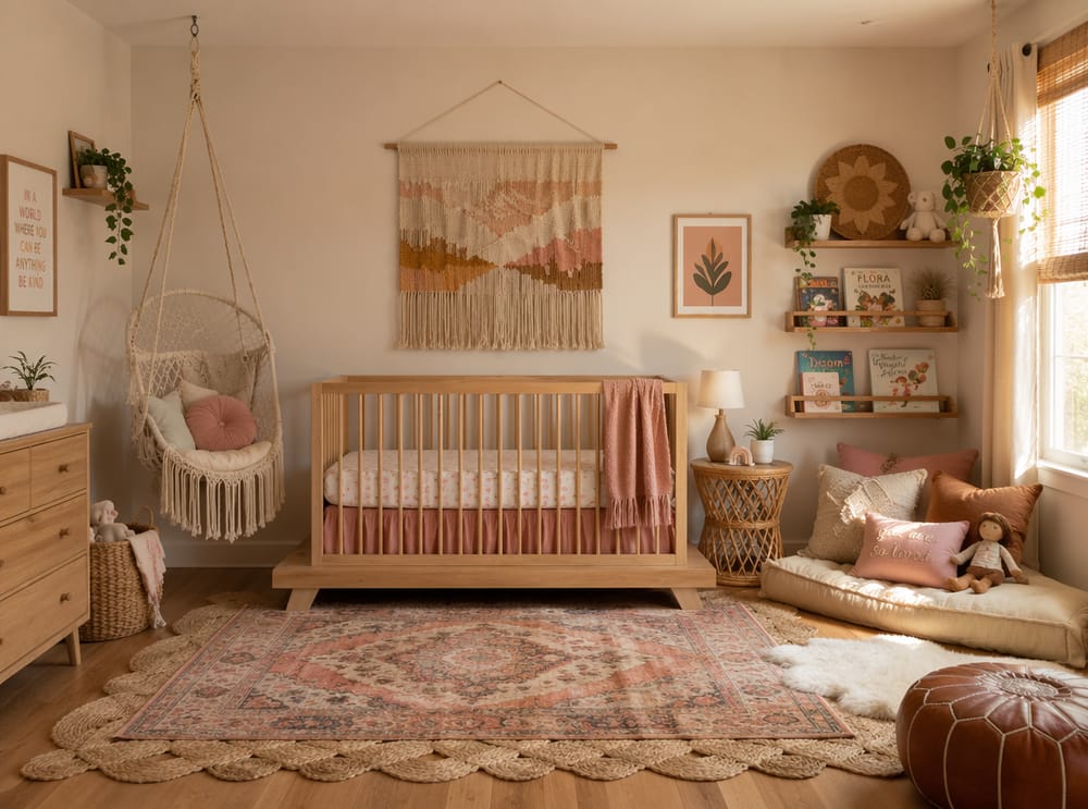 Boho pokoj s macramé houpačkou a čtecím koutkem na zemi