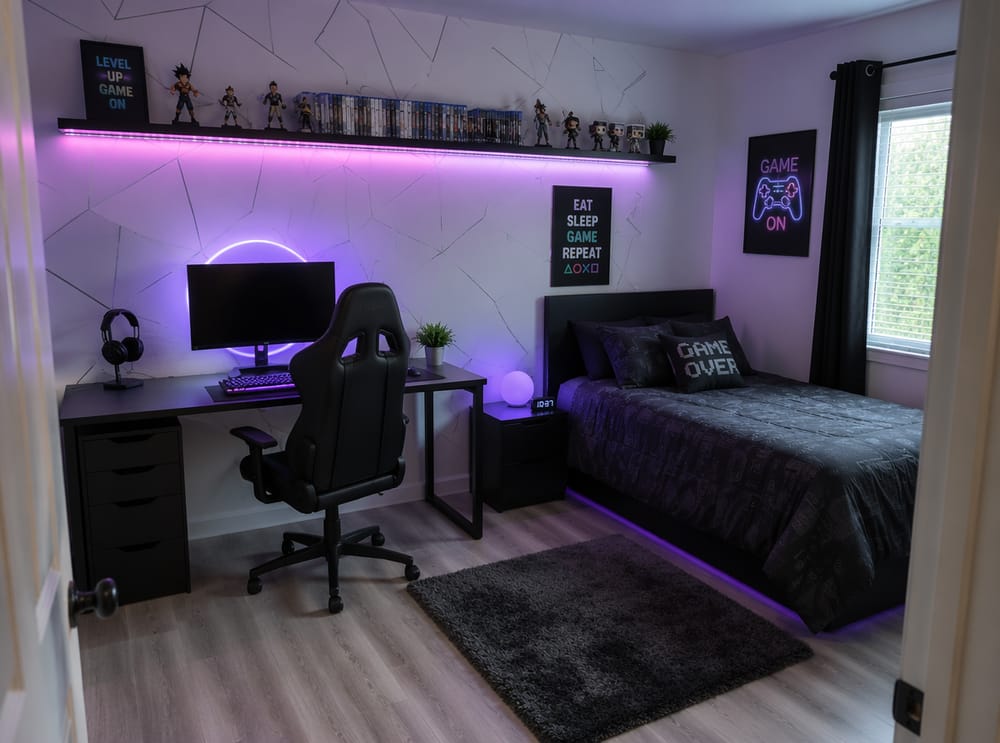Dormitorio gamer para adolescentes con repisa LED rosa
