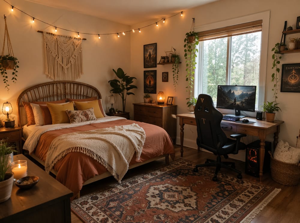 Escritorio de madera vintage junto a cama con cabecera de ratán