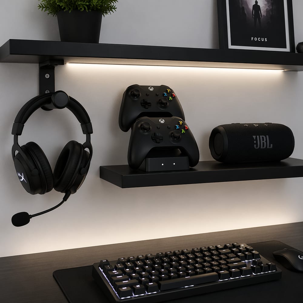 Gancho para auriculares y soporte de carga para controles en la repisa