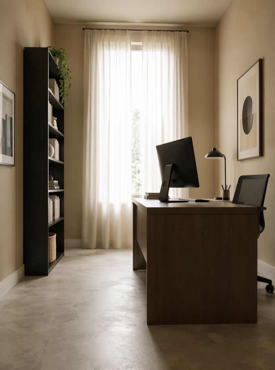 Sand-toned walls with desk facing the window