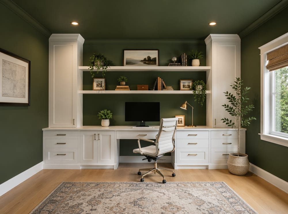 Forest green ceiling and walls with white built-ins