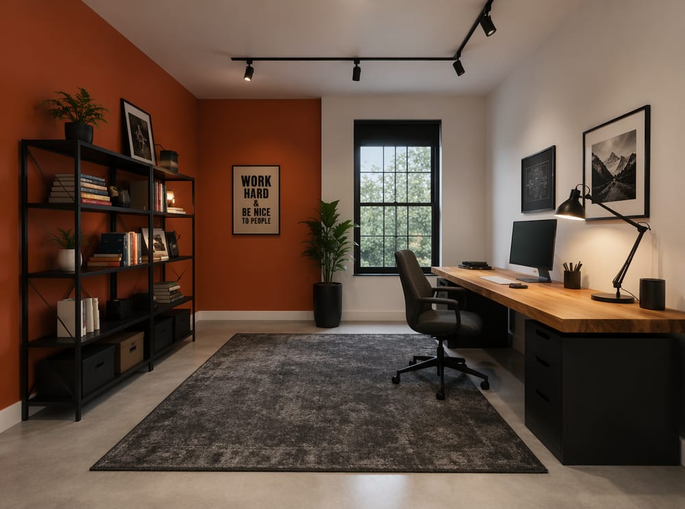 Burnt orange accent wall opposite a desk run