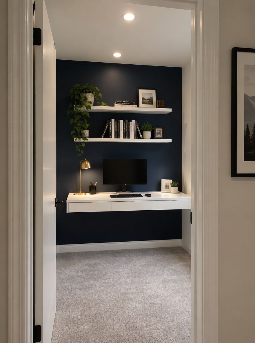 Deep navy back wall with floating white desk