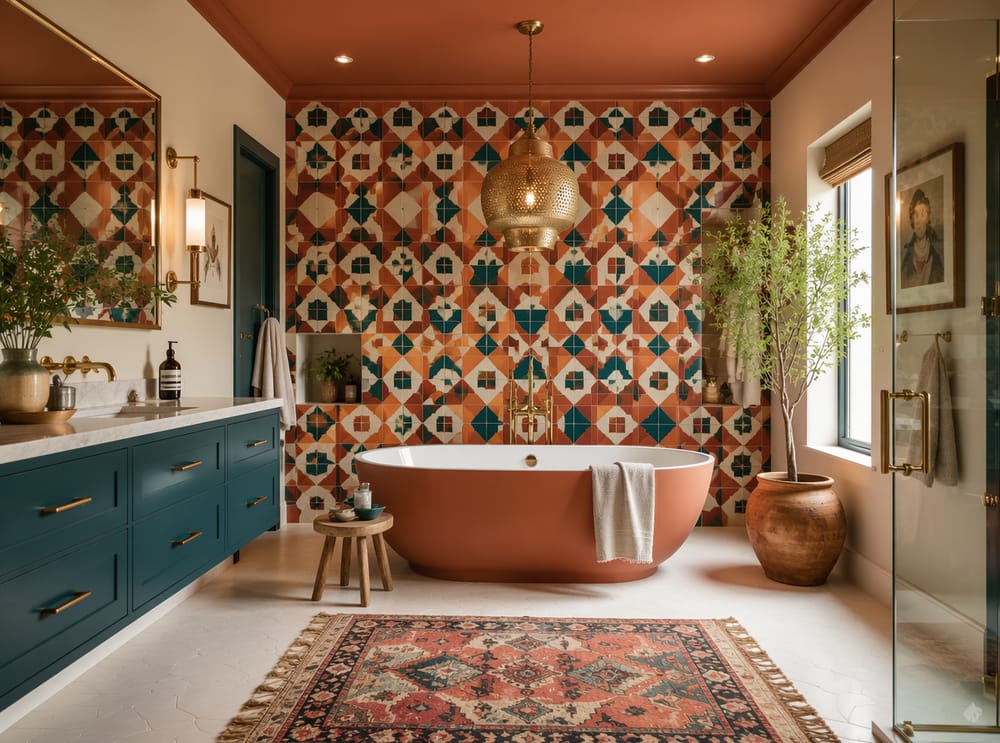 Piastrelle geometriche terracotta e teal sulla parete posteriore