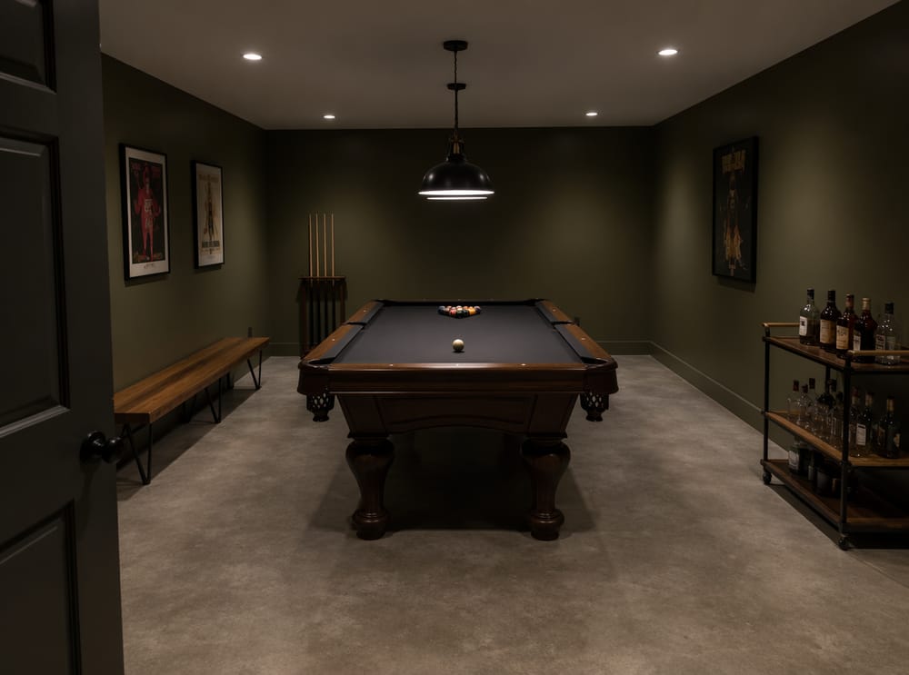 Sala giochi verde oliva scuro con tavolo da biliardo illuminato da pendenti