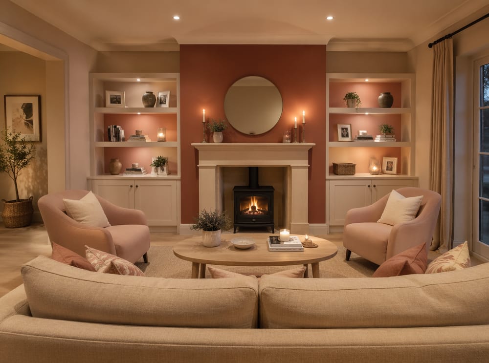 Chimenea terracota con nichos rosa empolvado