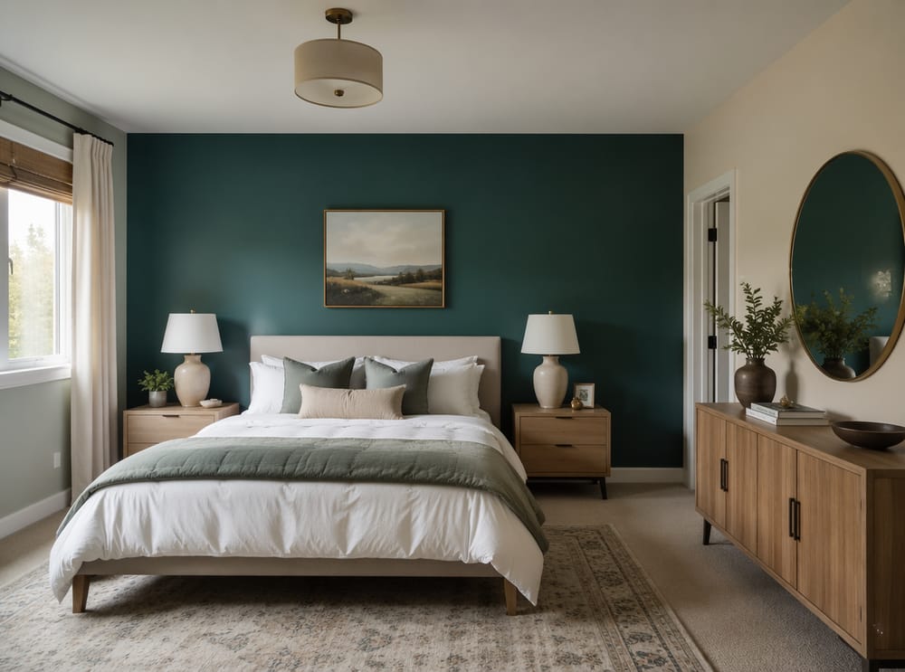 Paredes color bloque teal y crema en dormitorio