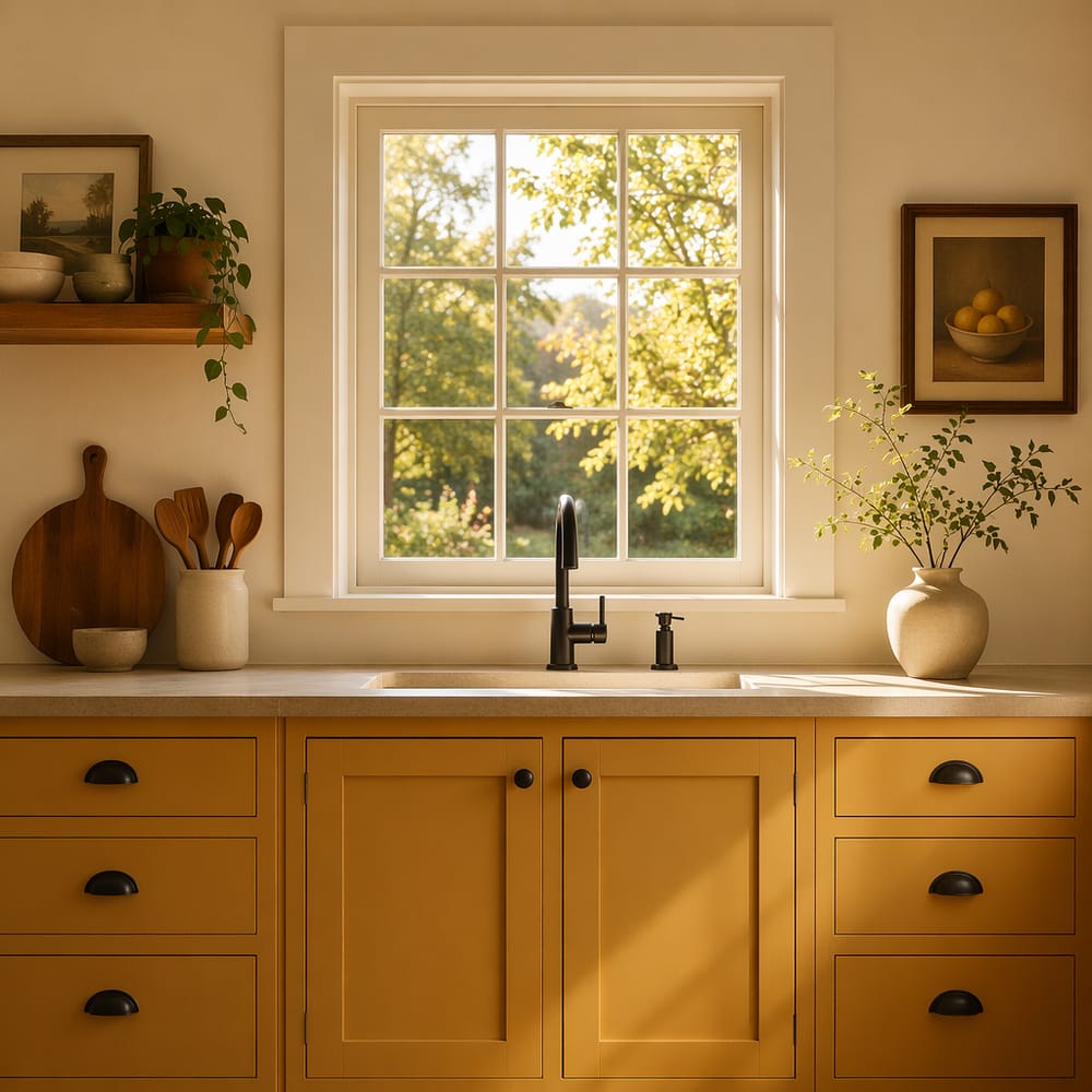 Gabinete amarillo ocre bajo ventana de cocina iluminada por el sol