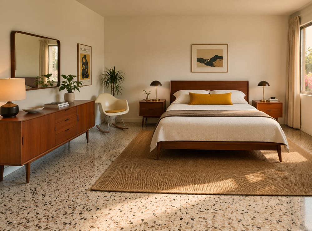 Distribución mid-century con credenza y muro espejado