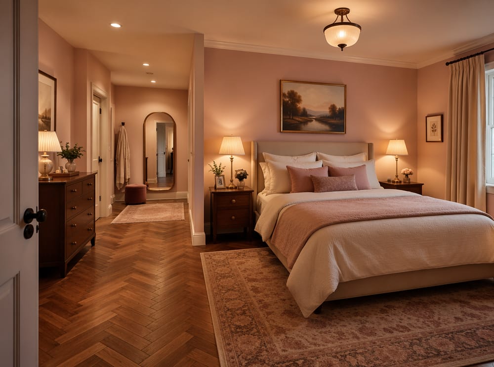 Habitación en L dividida en zonas de dormir y vestidor