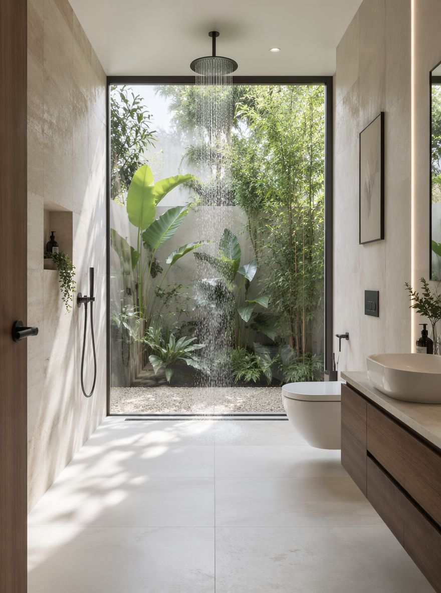 Parete in vetro da pavimento a soffitto con vista giardino