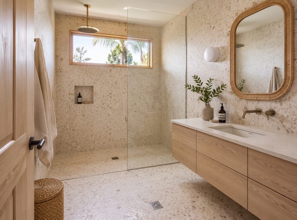 Pavimento in terrazzo e mobile lavabo in rovere sbiancato